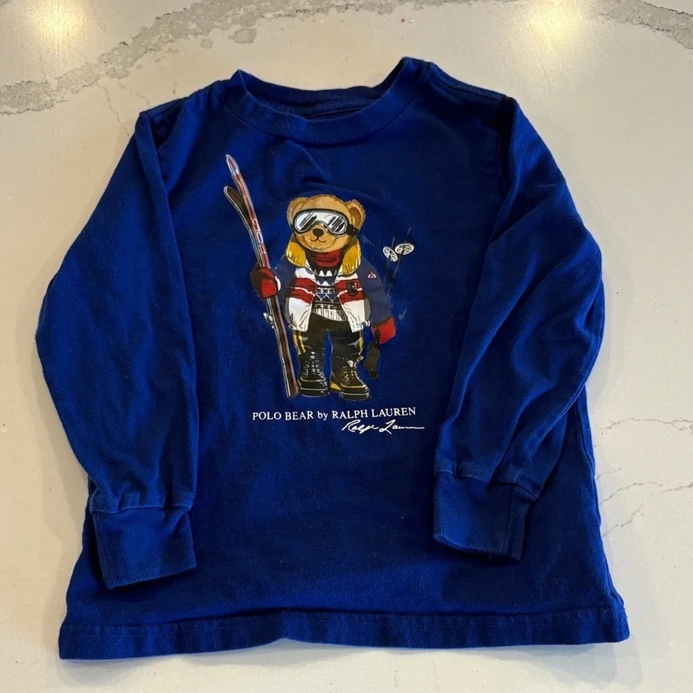 Ralph Lauren Kids Long Sleeve Shirt with Bear Graphic - Blue white spot by hand